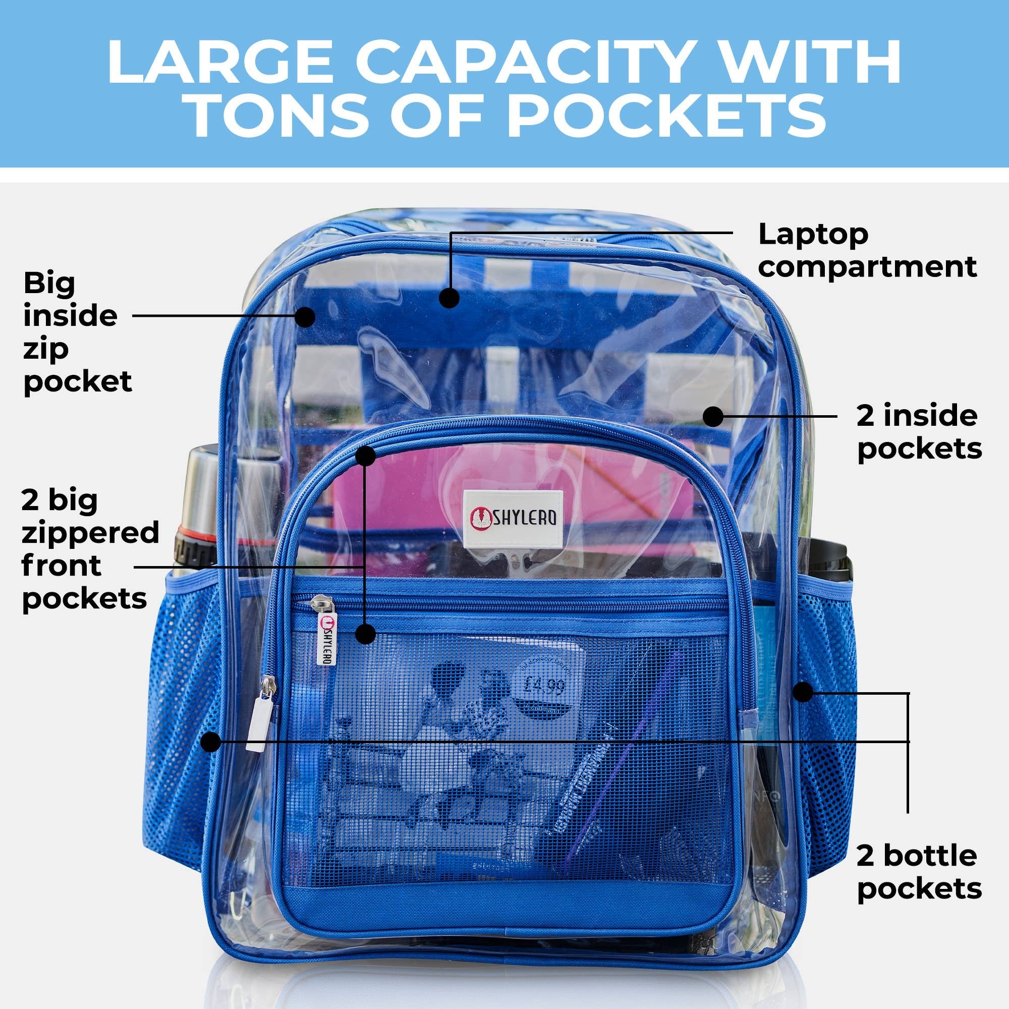 Clear Backpack For School XL Top YKK Zip Blue Rhino Blue Rhino BECKdesigns LLC